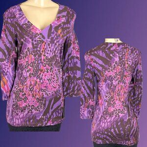 Daisy Fuentes L Purple Combo Animal Print V-Neckline Cotton 3/4 Sleeve T-Shirt